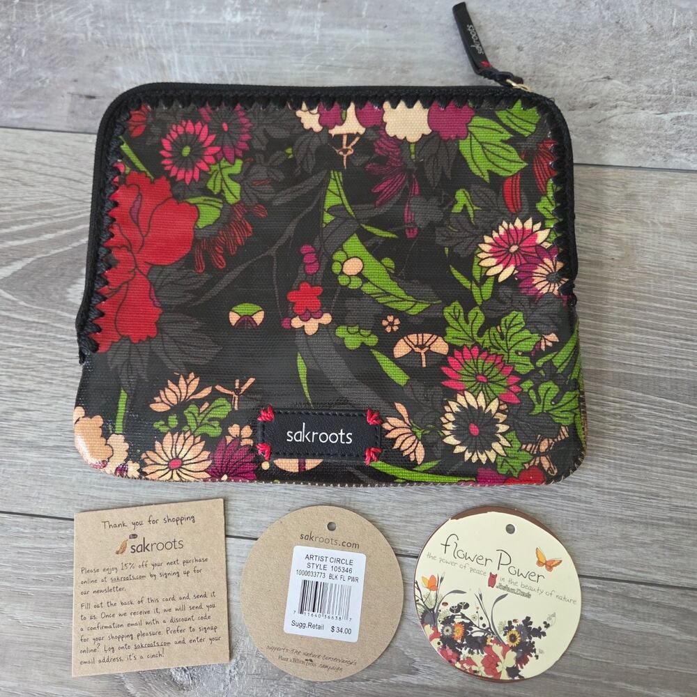 The SAK Sakroots Artist Circle Tablet Sleeve Black Flower Power Zip Eco-Friendly